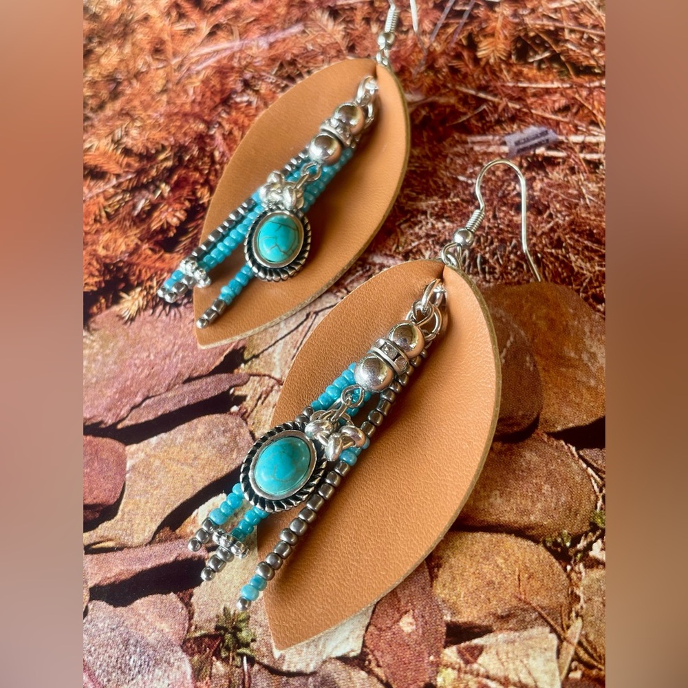 Turquoise and Tan Leather Leaf Southwest Beaded Earrings - Picture 3 of 6